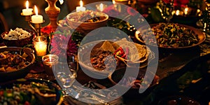 festive Mexican fiesta table adorned with dishes like pozole, mole, and chiles en nogada.