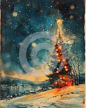 Festive Midcentury Vintage New Years Eve Painting With Christmas Tree Lights and Snow