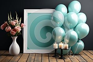Festive mockup, colorful balloons, white frame, blue wooden table