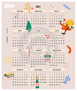 Festive modern vector pink calendar for 2021 with Christmas symbol set. Flat strict cadendary form for 12 months with days of the