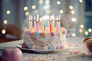 Festive multi colored cake with candles. Generative AI technology