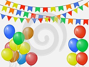 Festive multicolored colorful flags, garlands of Bunting isolated on white background with balloons. Vector template.