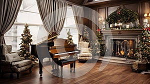 A festive music room with a grand piano