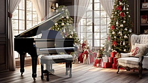 A festive music room with a grand piano adorned with garlands