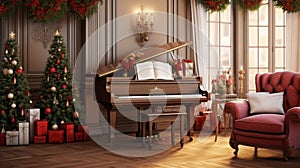 A festive music room with a grand piano adorned with garlands and ornaments,