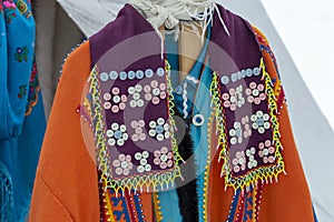 Festive national women`s clothing of local Khanty aborigines