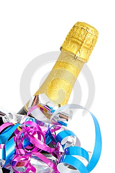 Festive neck of champagne bottle