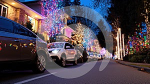 Festive Neighborhood Street with Christmas Lights Illuminating Snowy Night photo
