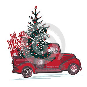 Festive New Year 2018 card. Red truck with fir tree decorated red balls isolated on white background