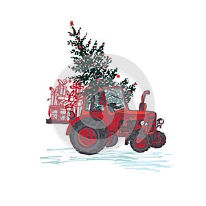 Festive New Year 2019 card. Red tractor with fir tree decorated red balls and holiday gifts isolated on white background