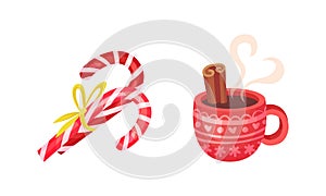 Festive New Year and Christmas Attribute with Candy Cane and Hot Drink in Cup Vector Set