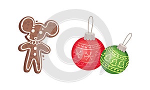 Festive New Year and Christmas Attribute with Gingerbread Cookie and Baubles Vector Set