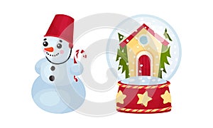 Festive New Year and Christmas Attribute with Glass Snowy Ball and Snowman Vector Set