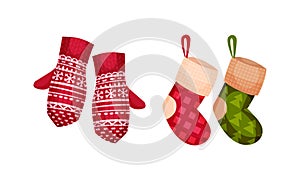 Festive New Year and Christmas Attribute with Hanging Stocking and Knitted Mittens Vector Set