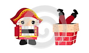 Festive New Year and Christmas Attribute with Santa Claus Legs in Cnimney and Nutcracker Figure Vector Set