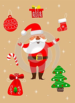 Festive new year and Christmas set with Santa Claus, vector illustration