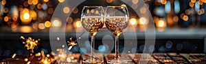 Festive New Year Greeting Card with Champagne Toast and Sparklers on Wooden Table - Holiday Celebration Banner