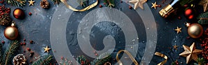 Festive New Year Greeting Card with Gold Ribbon, Stars, and Champagne Bottle on Dark Table Background - Top View Flat Lay