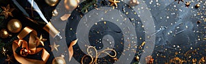 Festive New Year Greeting Card with Gold Ribbon, Stars, and Champagne Bottle on Dark Table Background - Top View Flat Lay