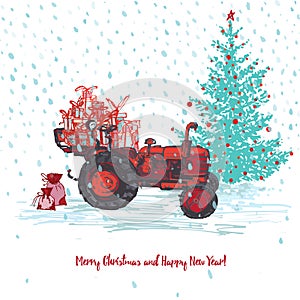 Festive New Year and Merry Christmas card. Red tractor with fir tree decorated red balls and holiday gifts White snowy