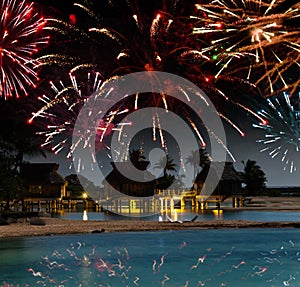 Festive New Year's fireworks over the tropical island