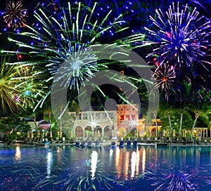 Festive New Year's fireworks.tropical island