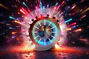 Festive New Years countdown clock surrounded by