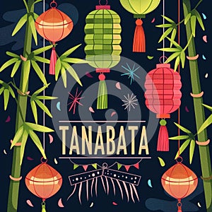 Festive night scene with bamboo and hanging lanterns, celebrating the traditional Japanese Tanabata festival.