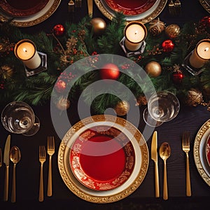 Festive Opulence: Golden Cutlery and Christmas Elegance on Wood