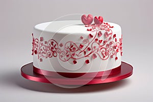Festive original cake covered with white mastic , decorated with red hearts and ornaments
