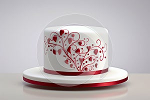 festive original cake covered with white mastic, decorated with red ornament of lines and hearts