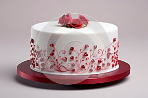 Festive original cake covered with white mastic, decorated with red roses and heart-shaped ornaments