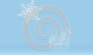 Festive ornament with snowflakes on light blue background. Merry Christmas and Happy New Year Holidays greeting card