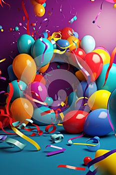 Festive panorama party with colorful balloons, confetti and coiled streamers AI generated