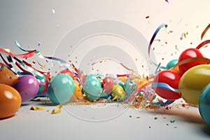 Festive panorama party with colorful balloons, confetti and coiled streamers AI generated