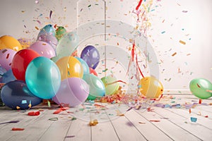Festive panorama party with colorful balloons, confetti and coiled streamers AI generated