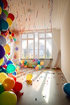 Festive panorama party with colorful balloons, confetti and coiled streamers AI generated