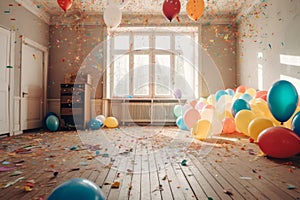 Festive panorama party with colorful balloons, confetti and coiled streamers AI generated