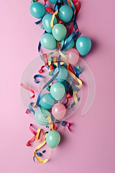 Festive panorama party with colorful balloons, confetti and coiled streamers AI generated