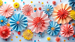Festive Paper Decorations Array variety of shapes, colors and textures on a light background photo
