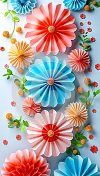 Festive Paper Decorations Array variety of shapes, colors and textures on a light background