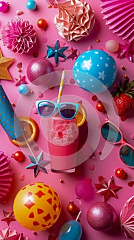 Festive Party Background with Colorful Decorations, Summer Drink, Sunglasses, and Balloons on a Pink Surface