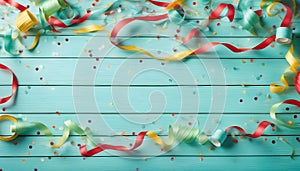 Festive party or carnival border of coiled streamers and confetti on a light blue green wood