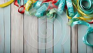 Festive party or carnival border of coiled streamers and confetti on a light blue green wood