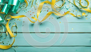 Festive party or carnival border of coiled streamers and confetti on a light blue green wood