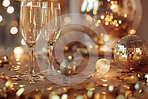 Festive party composition with glasses of champagne, confetti, gold decorations and disco ball. Generative AI