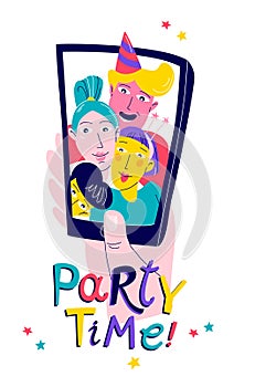 Festive Party Selfie Illustration with Colorful Typography for Celebration Invitations and Social Media.