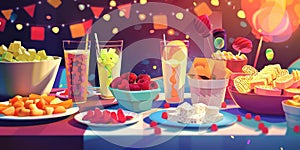 Festive Party Table with Colorful Snacks and Drinks