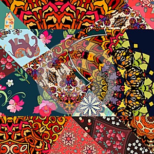 Festive patchwork pattern in indian style with flower - mandala, mallow, rose, house, elephant and abstract prints.