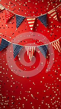 Festive Patriotic Background with American Flag Bunting and Gold Stars Confetti on Red Backdrop for 4th of July or Memorial Day